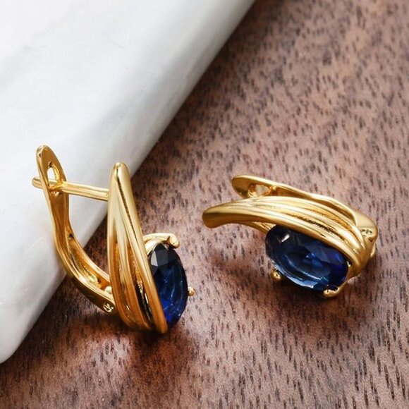 Shiny CZ Blue Color Rhinestone Crystal Hoop Earring for Women, HA4514 - Picture 1 of 6